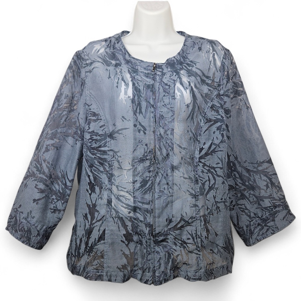Coldwater Creek Sheer Jacket XL 18 Blue Full Zip Floral Lightweight Layering